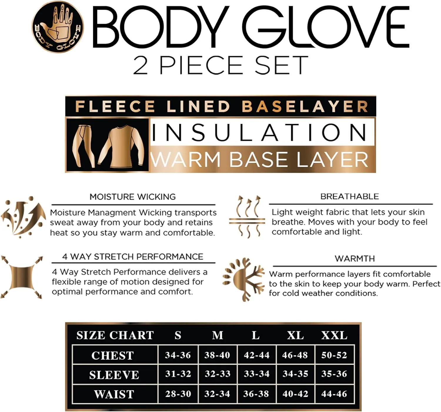 Body Glove 2 Piece Mens Fleece Lined Base layer Underwear Set, Warm Insulated Top & Bottom - Long Johns for Winter Baselayer