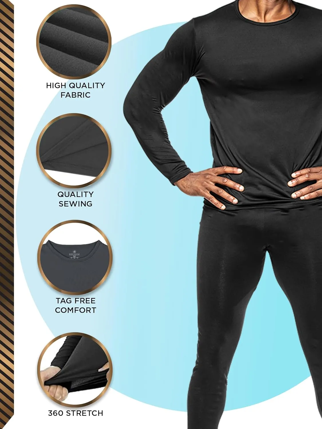 Body Glove 2 Piece Mens Fleece Lined Base layer Underwear Set, Warm Insulated Top & Bottom - Long Johns for Winter Baselayer