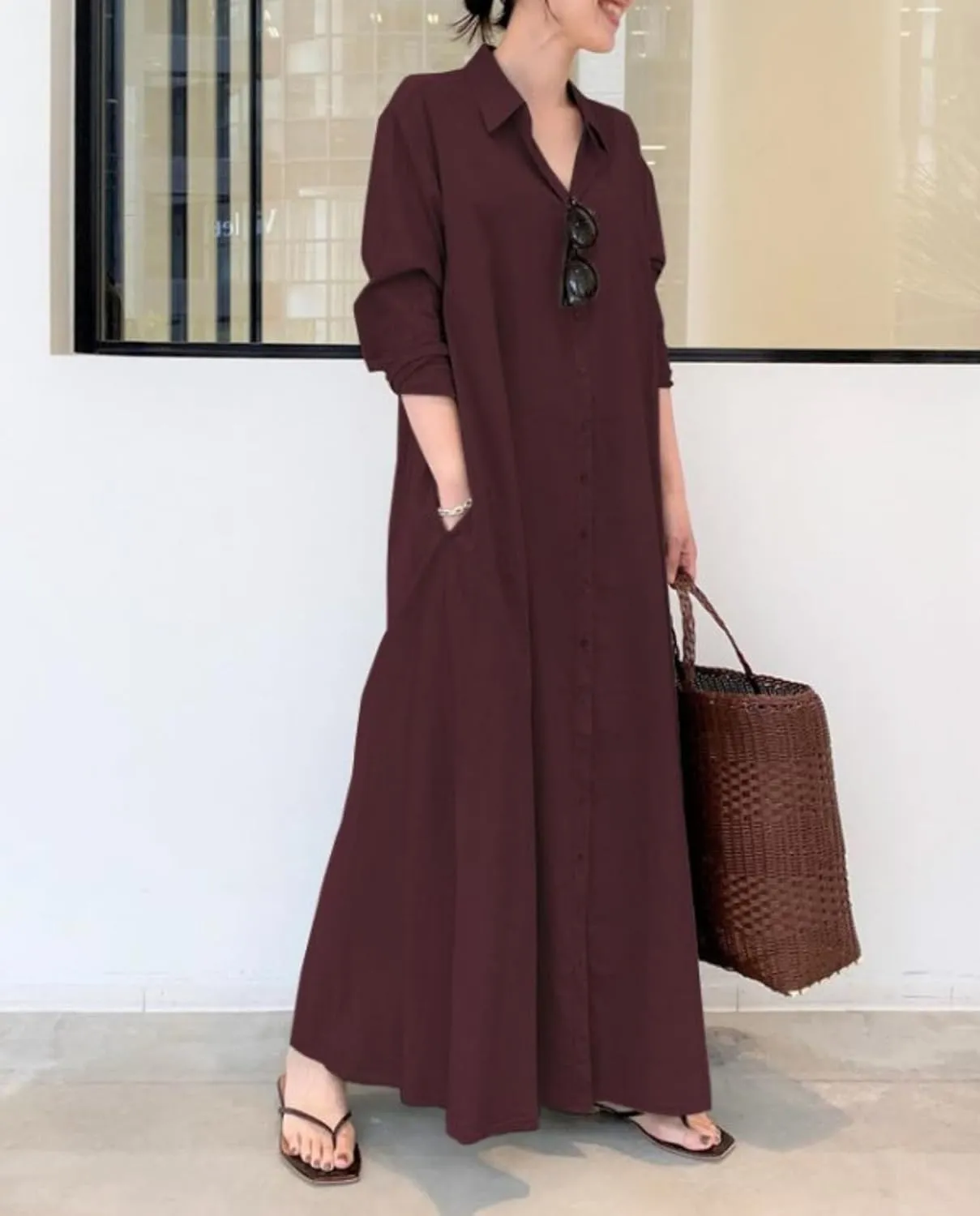 Breathable Button-Up Lapel Shirt Dress for Women-Loose Fit Long Sleeve Elegant Maxi Dress with Pockets Cotton Linen