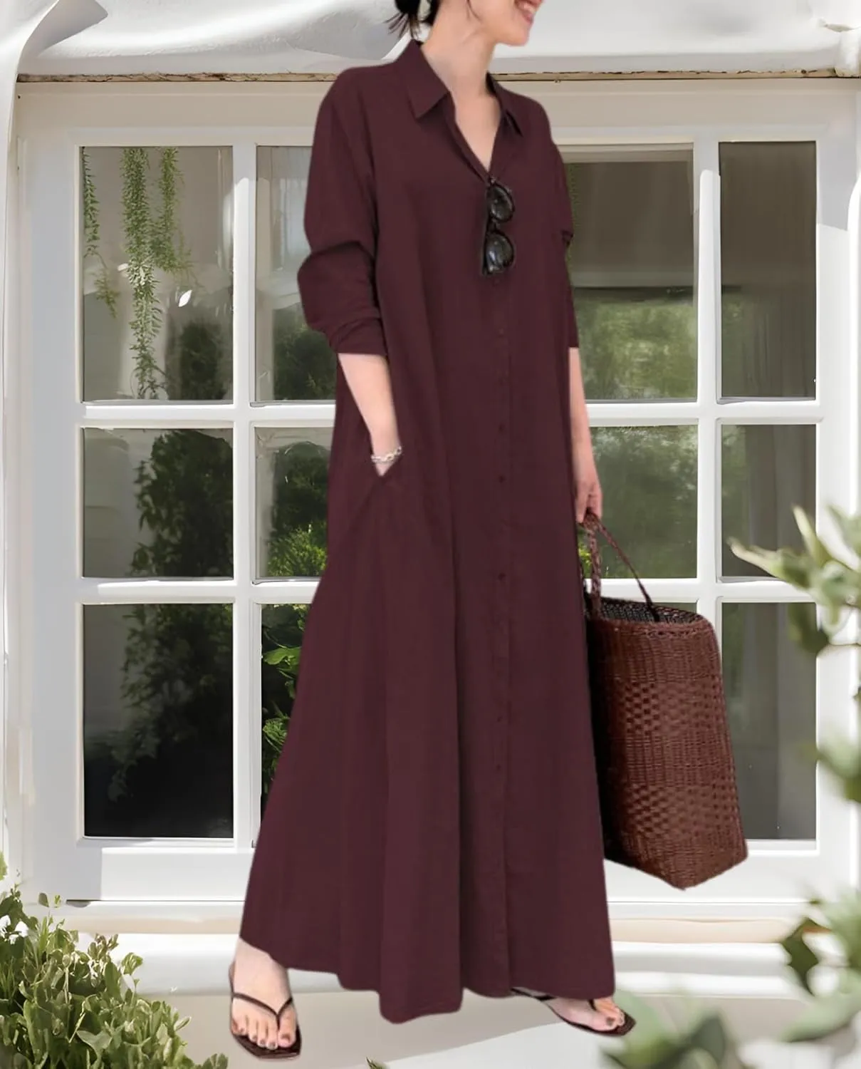 Breathable Button-Up Lapel Shirt Dress for Women-Loose Fit Long Sleeve Elegant Maxi Dress with Pockets Cotton Linen