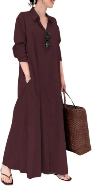 Breathable Button-Up Lapel Shirt Dress for Women-Loose Fit Long Sleeve Elegant Maxi Dress with Pockets Cotton Linen