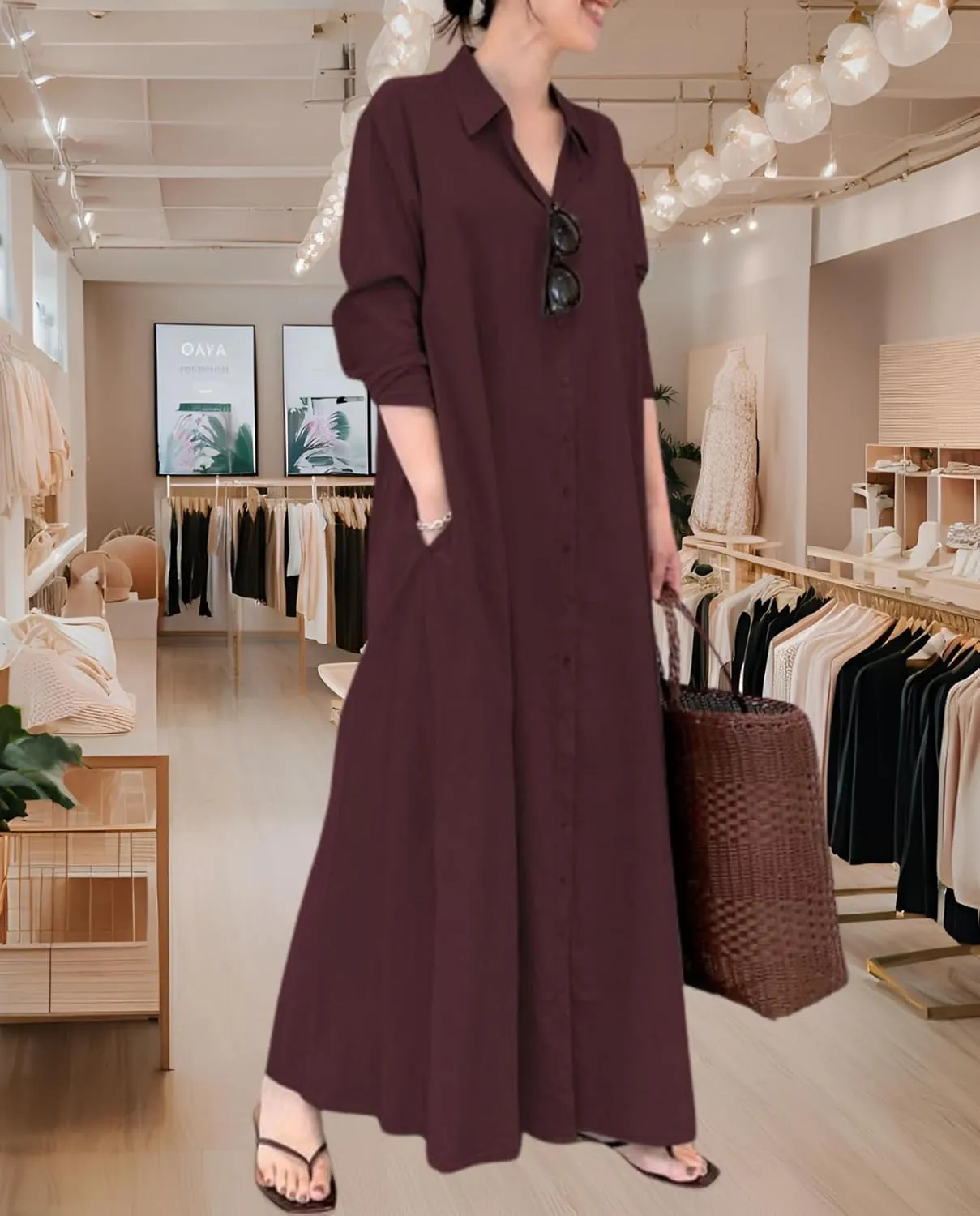 Breathable Button-Up Lapel Shirt Dress for Women-Loose Fit Long Sleeve Elegant Maxi Dress with Pockets Cotton Linen