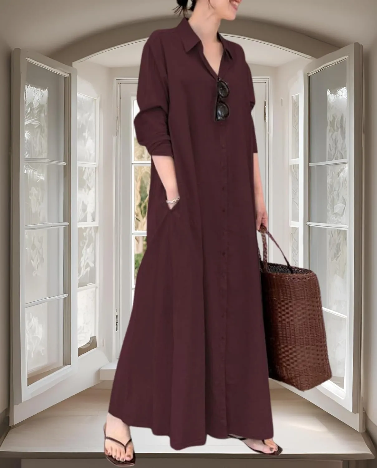 Breathable Button-Up Lapel Shirt Dress for Women-Loose Fit Long Sleeve Elegant Maxi Dress with Pockets Cotton Linen