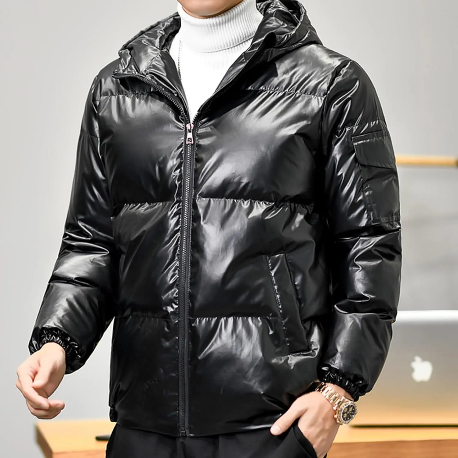 Cambkatl Men's Glossy Padded Winter Coat Metallic Full Zip Down Quilted Puffer Jacket Warm Plus Size Shiny Puffy Outerwear