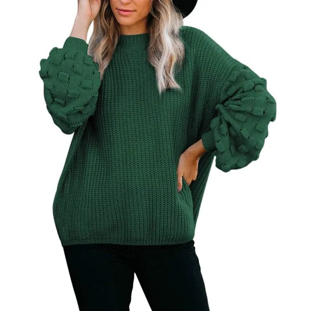 Fantaslook Womens Sweaters Oversized Crewneck Puff Sleeves Chunky Knit Pullover Sweater