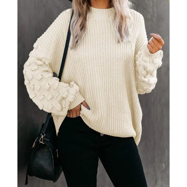 Fantaslook Womens Sweaters Oversized Crewneck Puff Sleeves Chunky Knit Pullover Sweater