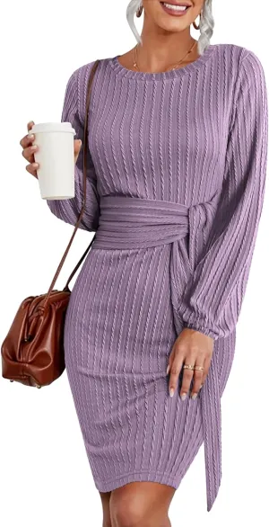 HOTOUCH Women's Casual Knit Dress Long Lantern Sleeve Fall Bodycon Dress Crewneck Tie Waist Rib Knitted Sweater Dresses