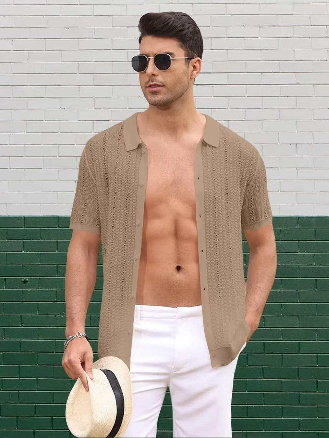 Knit Shirts for Men Vintage Short Sleeve Button Down Shirts Summer Stretch Fit Textured Beach Polo Tops