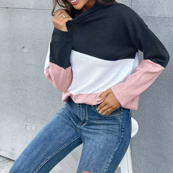 Knitted Color Matching Half High Neck Sweater Women Wholesale