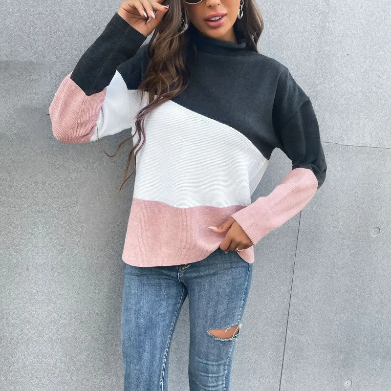 Knitted Color Matching Half High Neck Sweater Women Wholesale