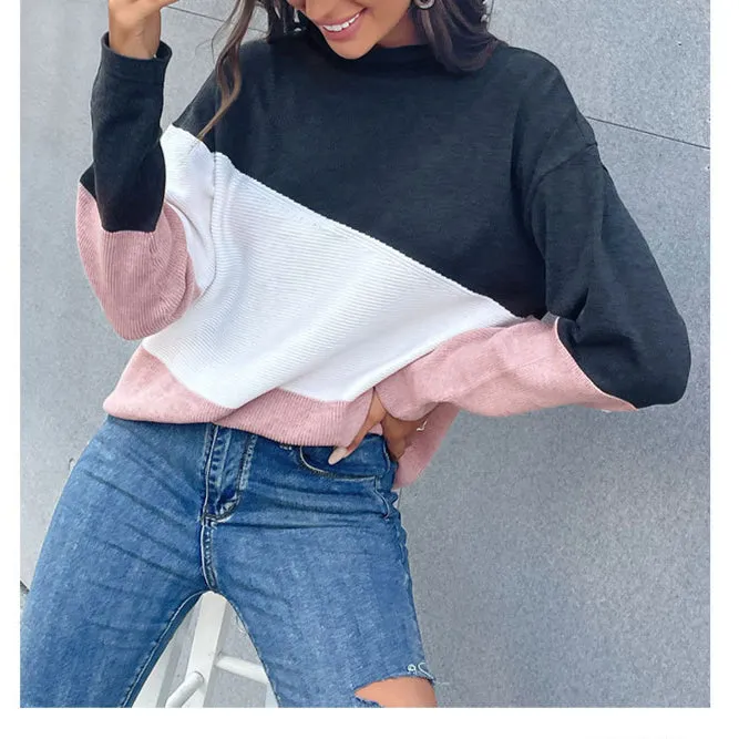 Knitted Color Matching Half High Neck Sweater Women Wholesale