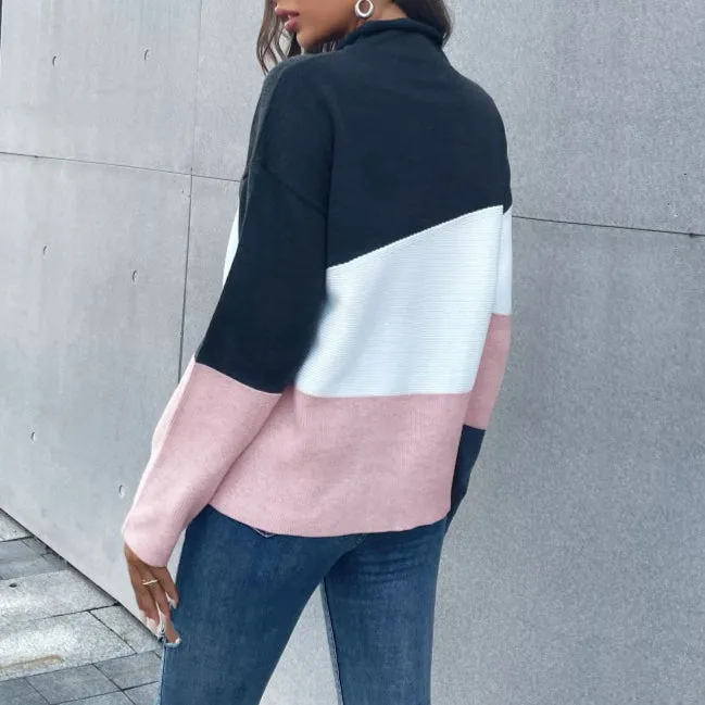 Knitted Color Matching Half High Neck Sweater Women Wholesale