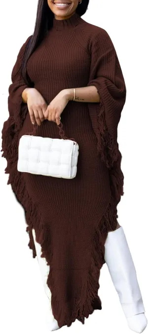 LETSVDO Women's Fringe Sweater Dress Long Sleeve Bodycon Batwing Knit Mock Neck Slit High Low Party Maxi Dresses