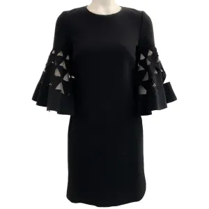 Oscar de la Renta Black Wool Dress with Cut Out Bell Sleeves