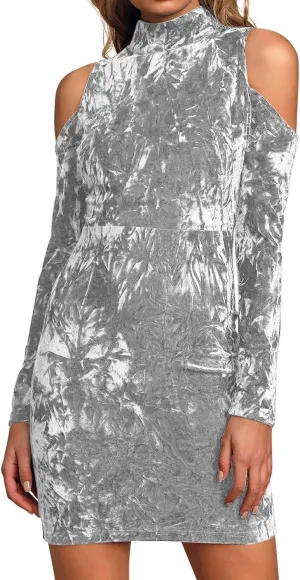 R.Vivimos Women's Winter Crushed Velvet Long Sleeves Cold Shoulder High Neck Bodycon Mini Dress