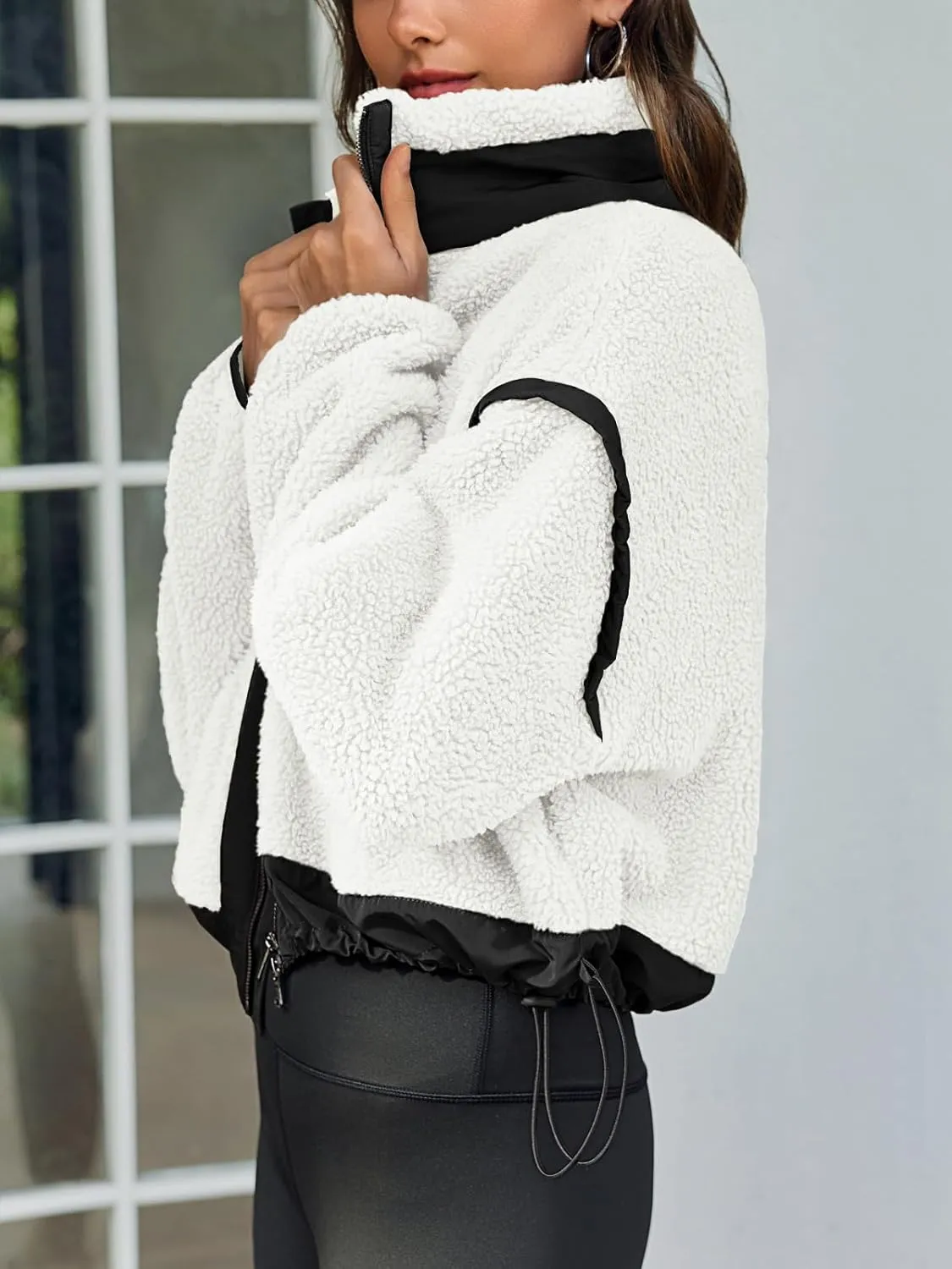 Tankaneo Womens Cropped Zip Up Fleece Jacket Stand Collar Fuzzy Sherpa Coat Winter Color Block Teddy Outerwear
