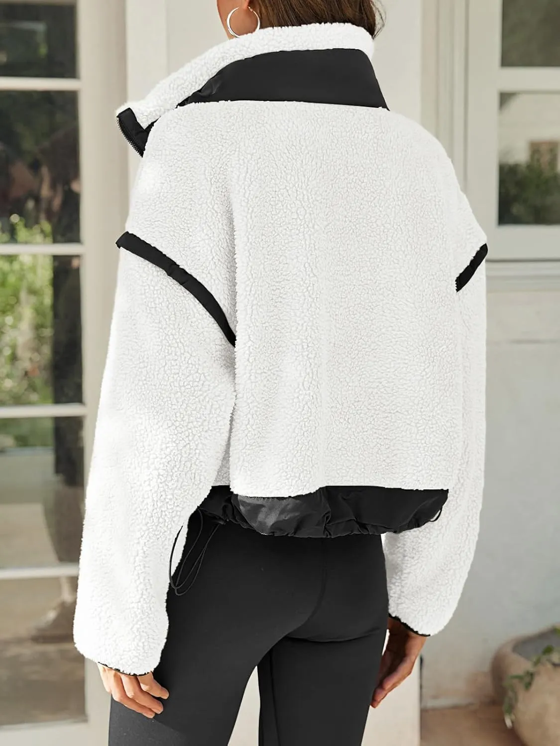 Tankaneo Womens Cropped Zip Up Fleece Jacket Stand Collar Fuzzy Sherpa Coat Winter Color Block Teddy Outerwear