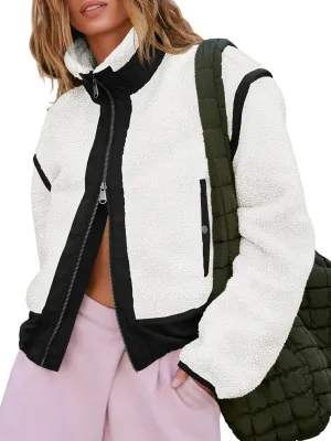 Tankaneo Womens Cropped Zip Up Fleece Jacket Stand Collar Fuzzy Sherpa Coat Winter Color Block Teddy Outerwear