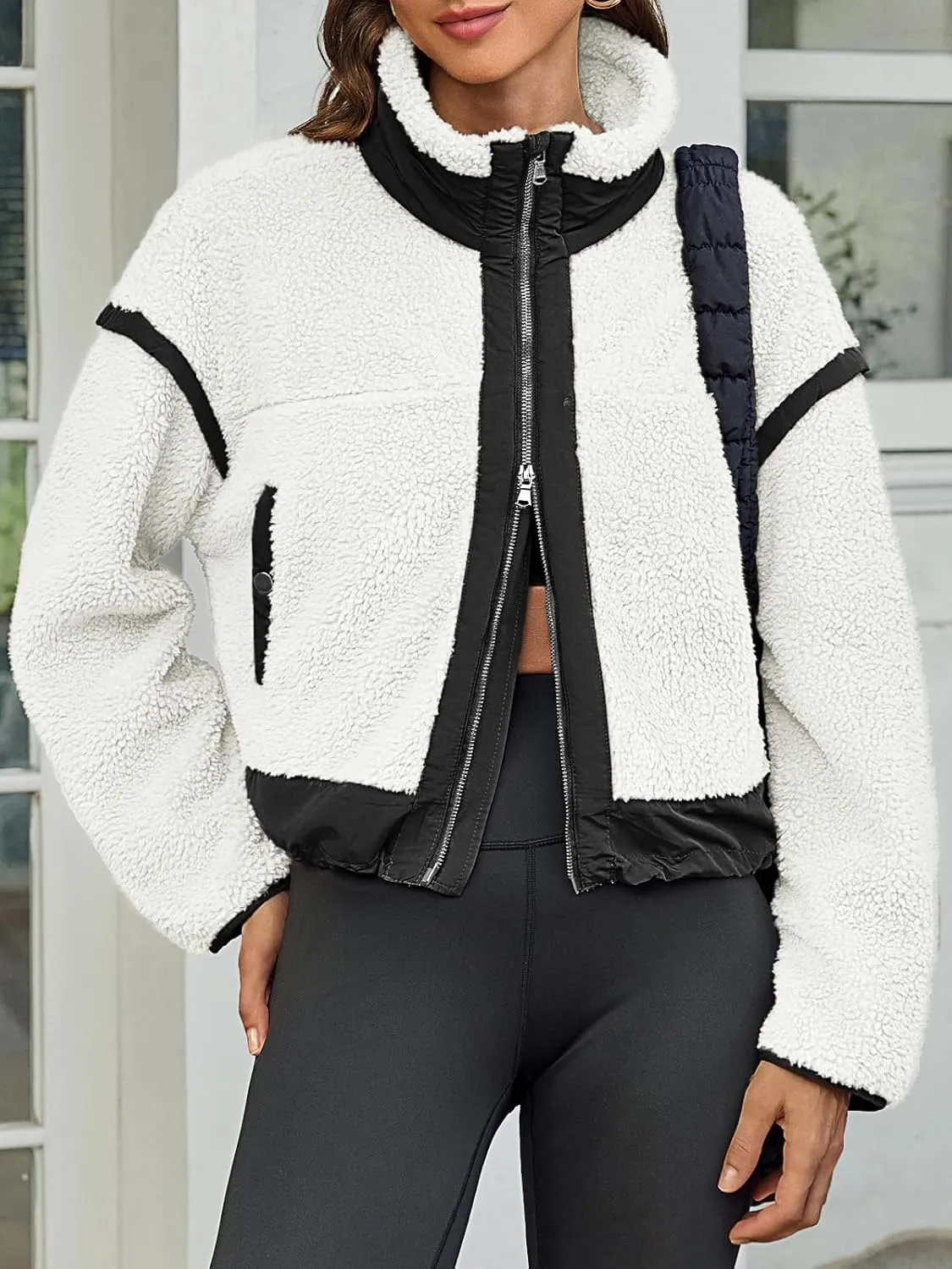Tankaneo Womens Cropped Zip Up Fleece Jacket Stand Collar Fuzzy Sherpa Coat Winter Color Block Teddy Outerwear