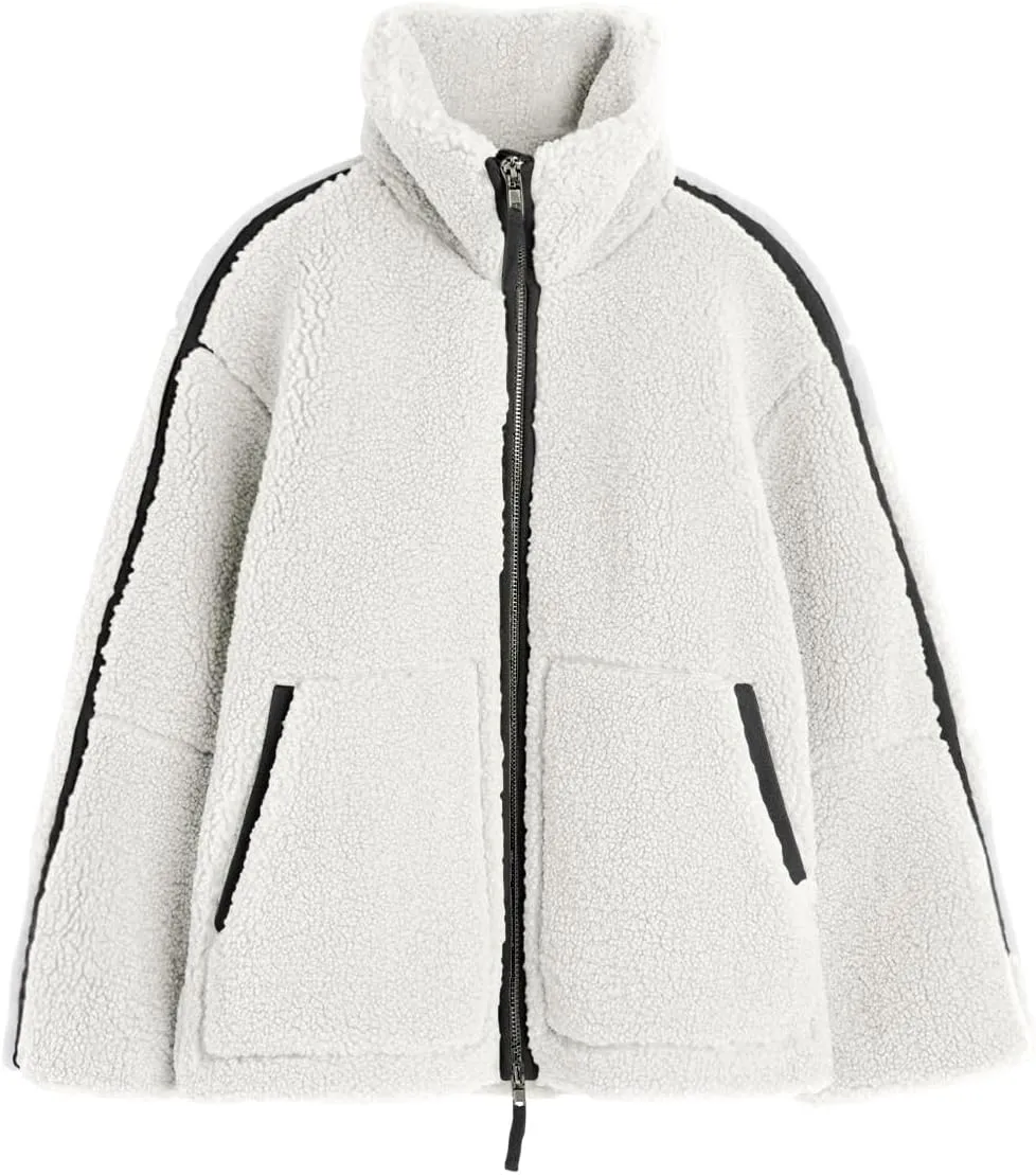 Tankaneo Womens Oversized Sherpa Fleece Jacket Zip Up Teddy Coat Winter Warm Stand Collar Fuzzy Outerwear
