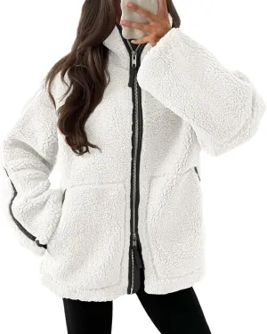 Tankaneo Womens Oversized Sherpa Fleece Jacket Zip Up Teddy Coat Winter Warm Stand Collar Fuzzy Outerwear