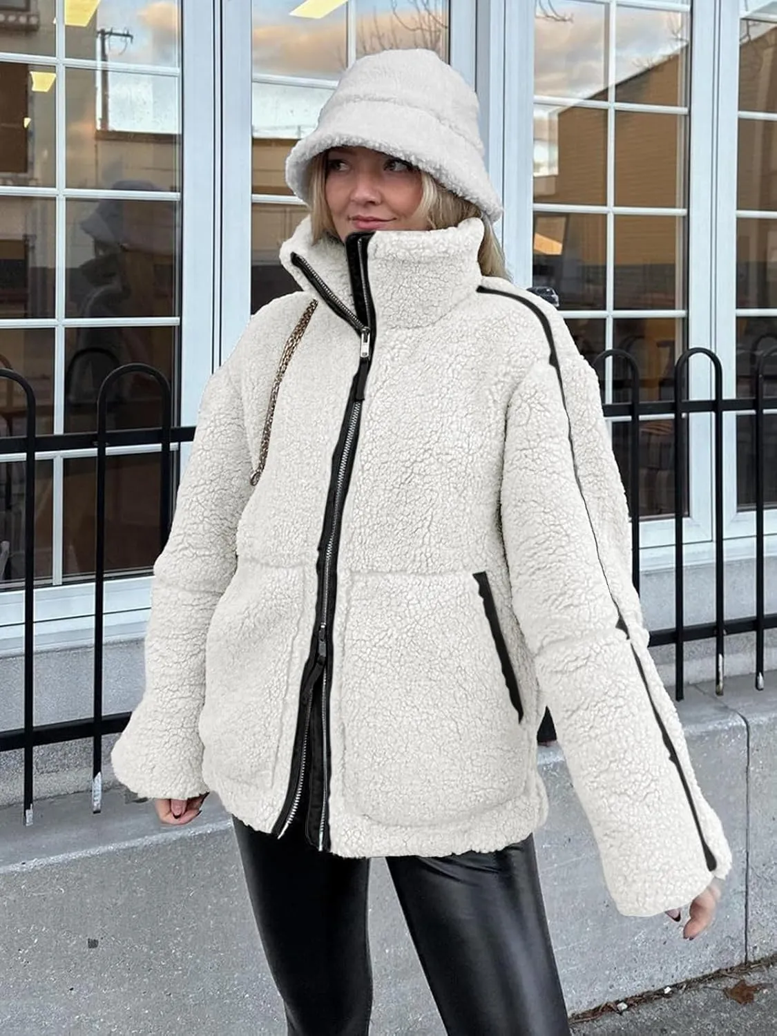 Tankaneo Womens Oversized Sherpa Fleece Jacket Zip Up Teddy Coat Winter Warm Stand Collar Fuzzy Outerwear