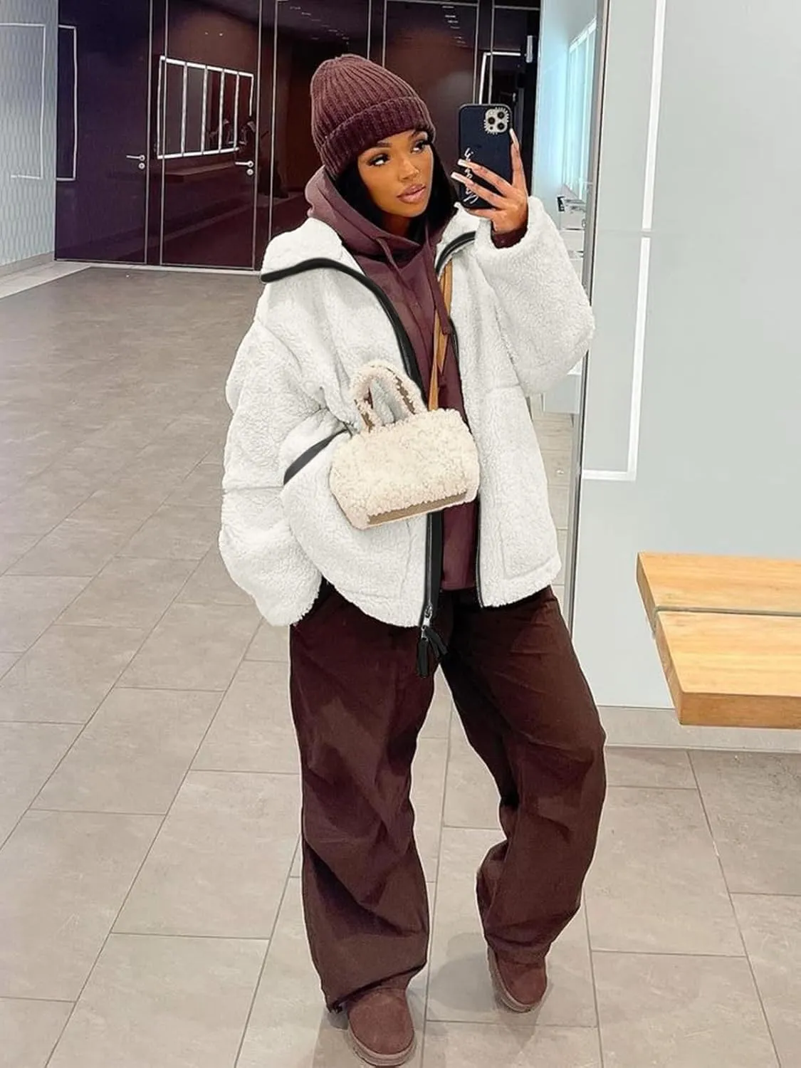 Tankaneo Womens Oversized Sherpa Fleece Jacket Zip Up Teddy Coat Winter Warm Stand Collar Fuzzy Outerwear