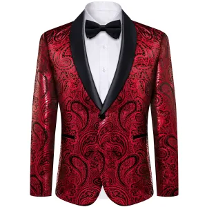 Ties2you Tuxedo Suit Fire Engine Red Paisley Shawl Collar Silk Dress Suit for Men Wedding
