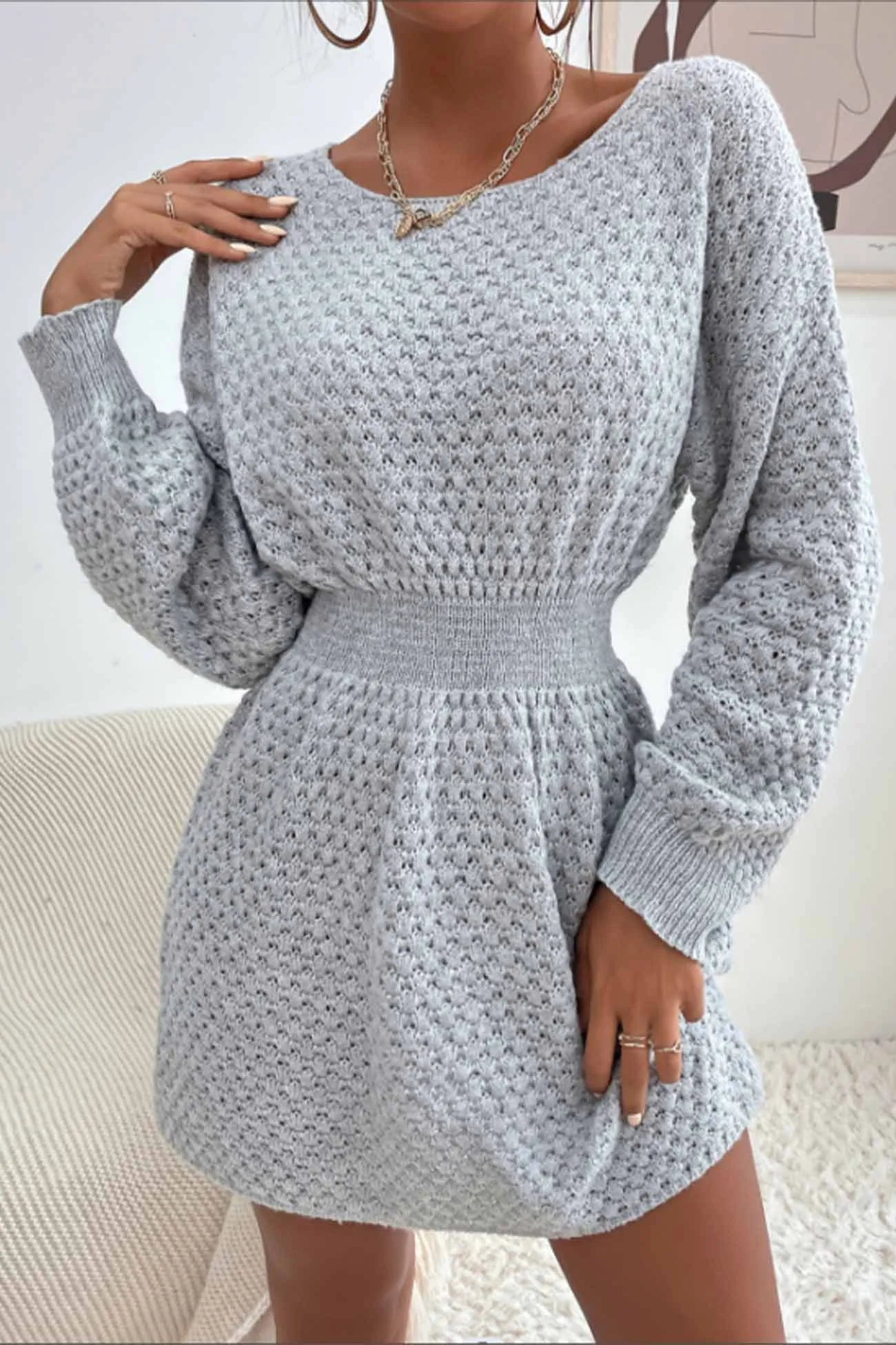U Neck Cinched Waist Knitted Mini Dress