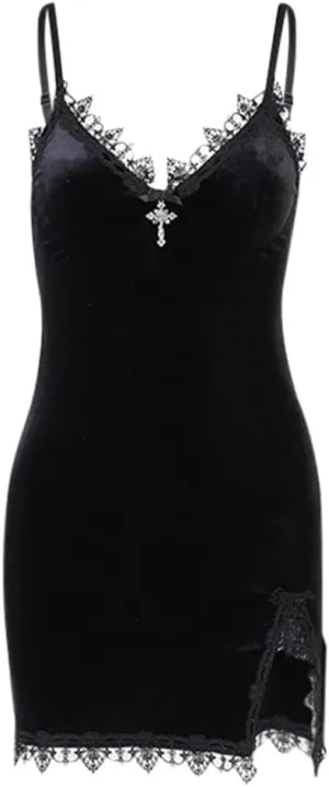 Women Gothic Dress Punk Halloween Vintage Harajuku Velvet Lace Y2k Mall Goth A-Line Dresses