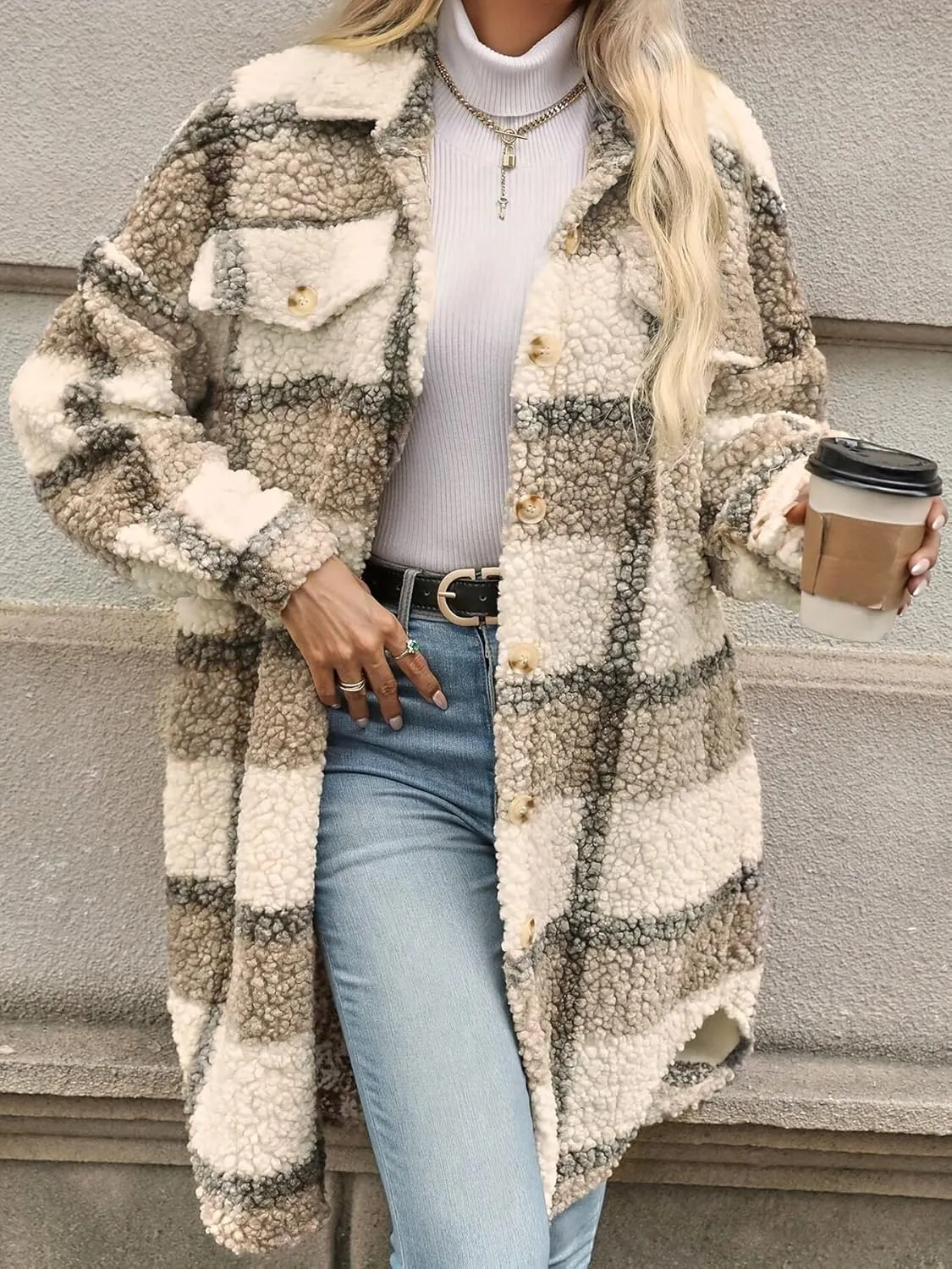 Women's 2024 Winter Fuzzy Fleece Long Jackets Plaid Faux Fur Teddy Coat Warm Sherpa Outerwear Cardigan