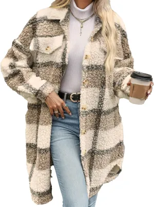 Women's 2024 Winter Fuzzy Fleece Long Jackets Plaid Faux Fur Teddy Coat Warm Sherpa Outerwear Cardigan