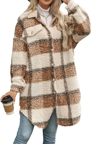 Women's 2024 Winter Fuzzy Fleece Long Jackets Plaid Faux Fur Teddy Coat Warm Sherpa Outerwear Cardigan