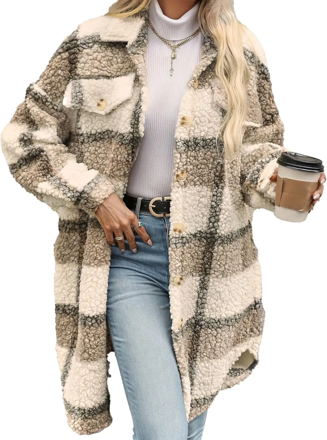 Women's 2024 Winter Fuzzy Fleece Long Jackets Plaid Faux Fur Teddy Coat Warm Sherpa Outerwear Cardigan
