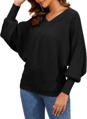 Women's Oversized V Neck Fuzzy Sweaters 2025 Casual Loose Long Sleeve Chunky Knit Pullover Jumper Tops
