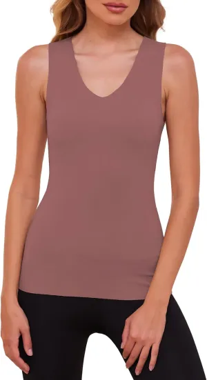 YYA V Neck Basic Tank Tops for Women Thermal Vest Winter Warm Tank-Top Sleeveless Undershirts, S-XXL